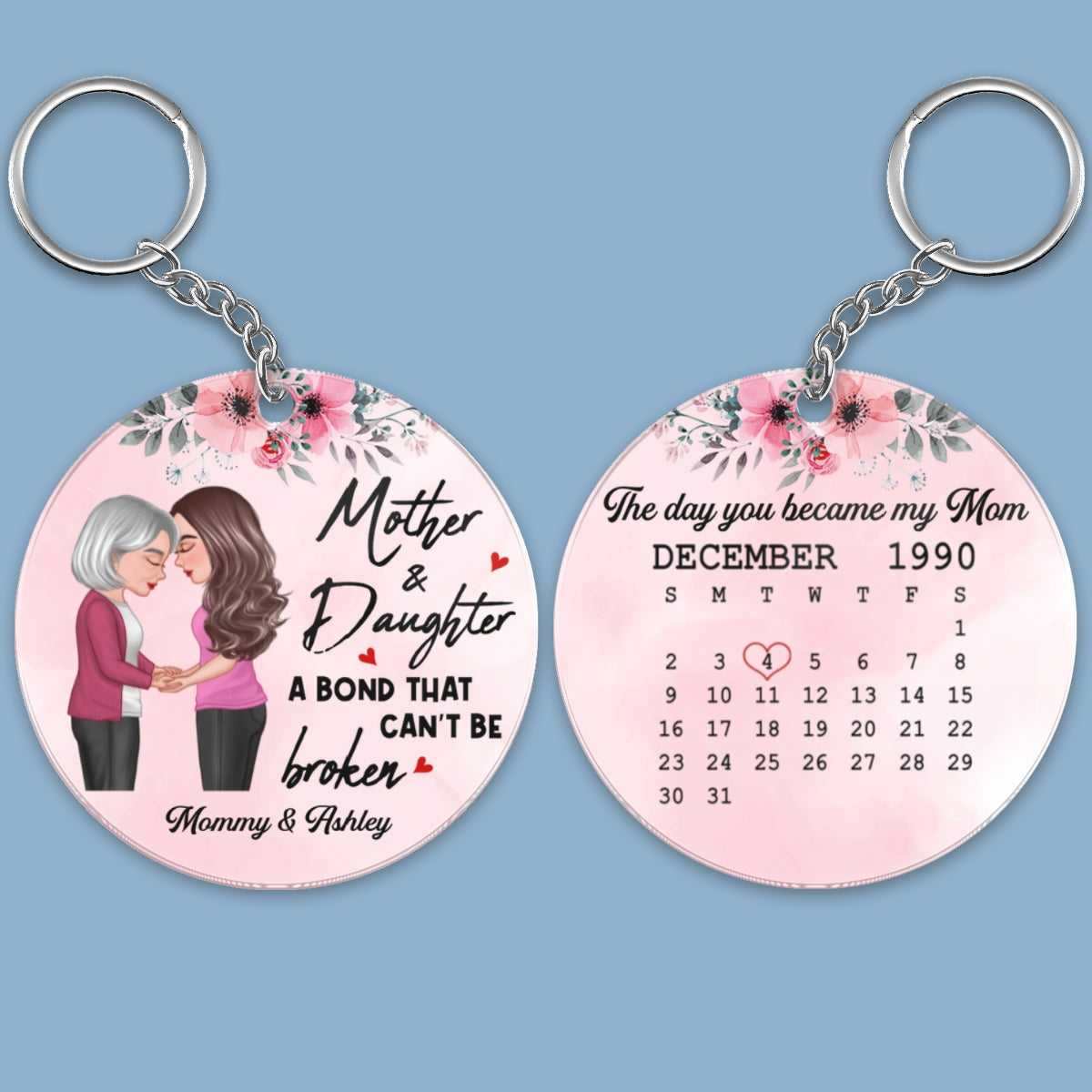 Everything I Am You Helped Me To Be Floral Mom Daughter Holding Hand Calendar Personalized Acrylic Keychain